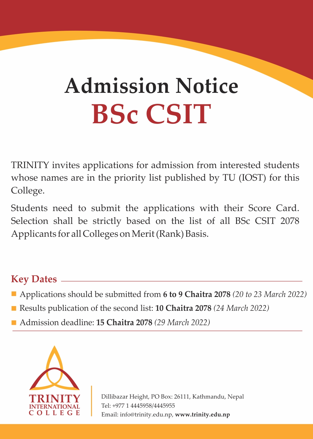 Admission Notice - BSc CSIT